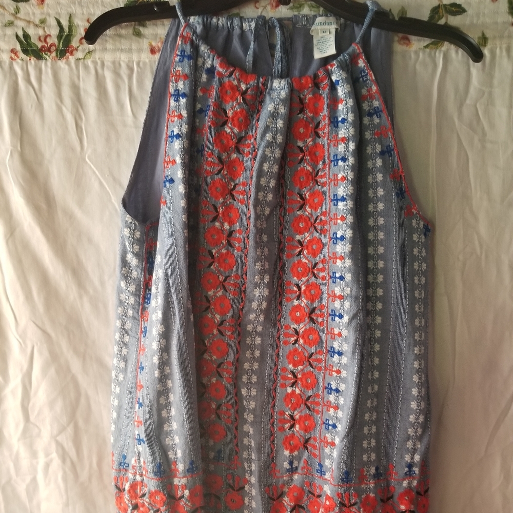 Woven top with embroidery